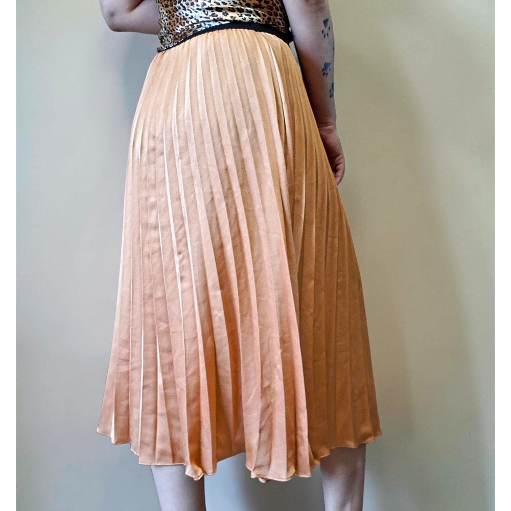 Rose Gold Iridescent Satin Pleated Midi Skirt Balletcore Accordion Swing S / M
